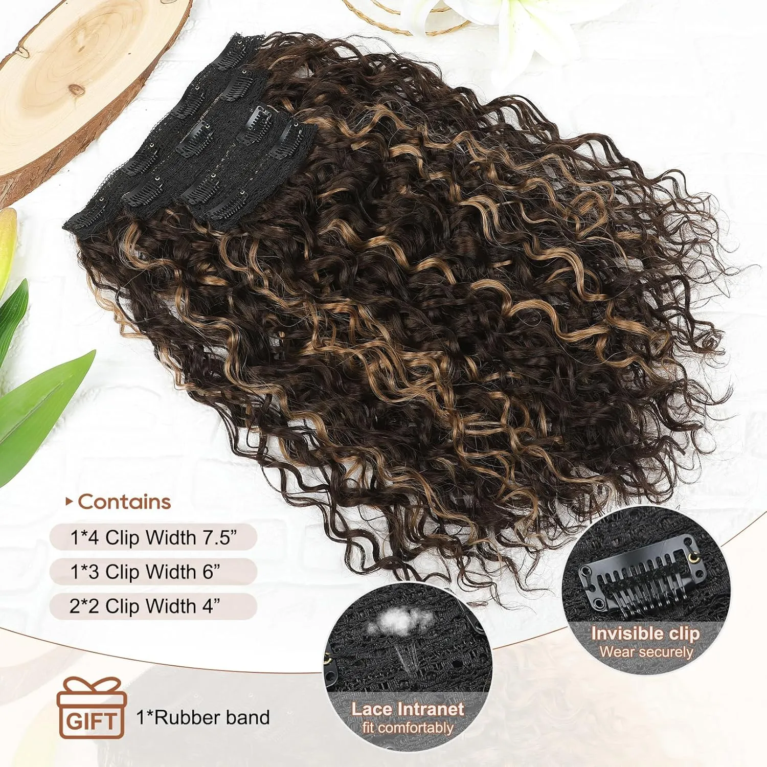 FLUFYMOOZ 4PC Clip in Hair Extensions, 14 Inch 100％ Pure Protein Silk Short Hairpiece Deep Curly Wavy Hair Extensions Clip in Natural Soft Hairpiece for Women-Brown with Deep Blonde Highlights