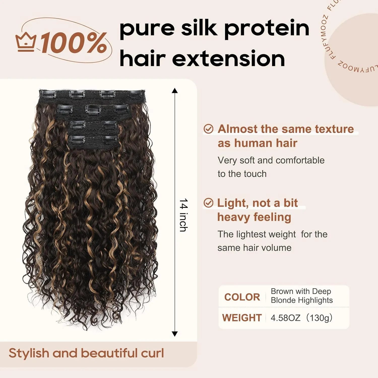 FLUFYMOOZ 4PC Clip in Hair Extensions, 14 Inch 100％ Pure Protein Silk Short Hairpiece Deep Curly Wavy Hair Extensions Clip in Natural Soft Hairpiece for Women-Brown with Deep Blonde Highlights