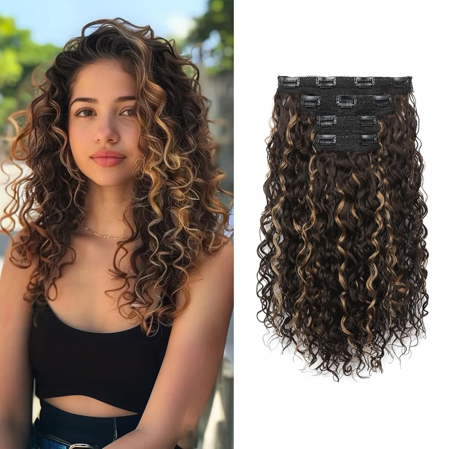 FLUFYMOOZ 4PC Clip in Hair Extensions, 14 Inch 100％ Pure Protein Silk Short Hairpiece Deep Curly Wavy Hair Extensions Clip in Natural Soft Hairpiece for Women-Brown with Deep Blonde Highlights