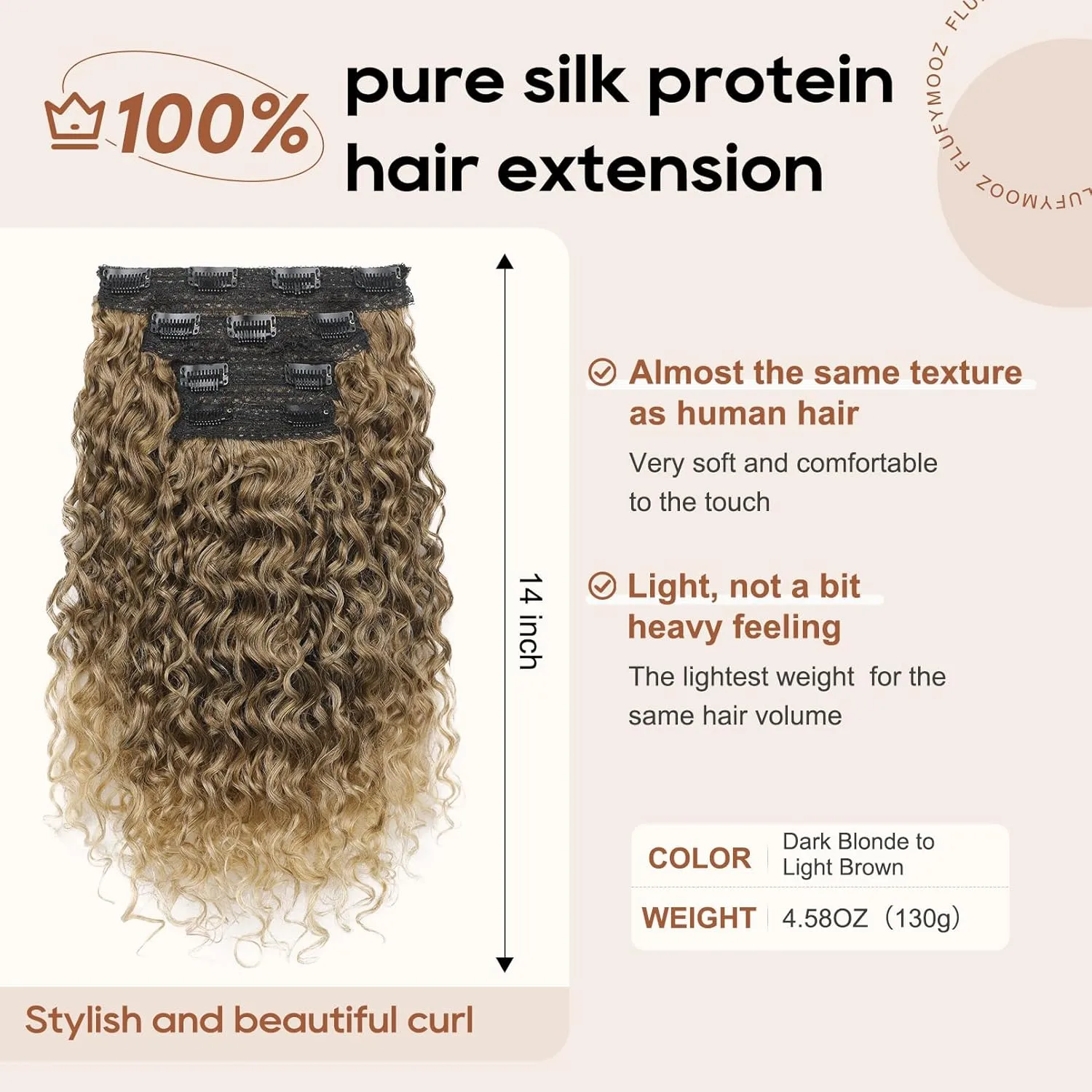 FLUFYMOOZ 4PC Clip in Hair Extensions, 14 Inch 100％ Pure Protein Silk Short Hairpiece Deep Curly Wavy Hair Extensions Clip in Natural Soft Hairpiece for Women-Dark Blonde to Light Brown