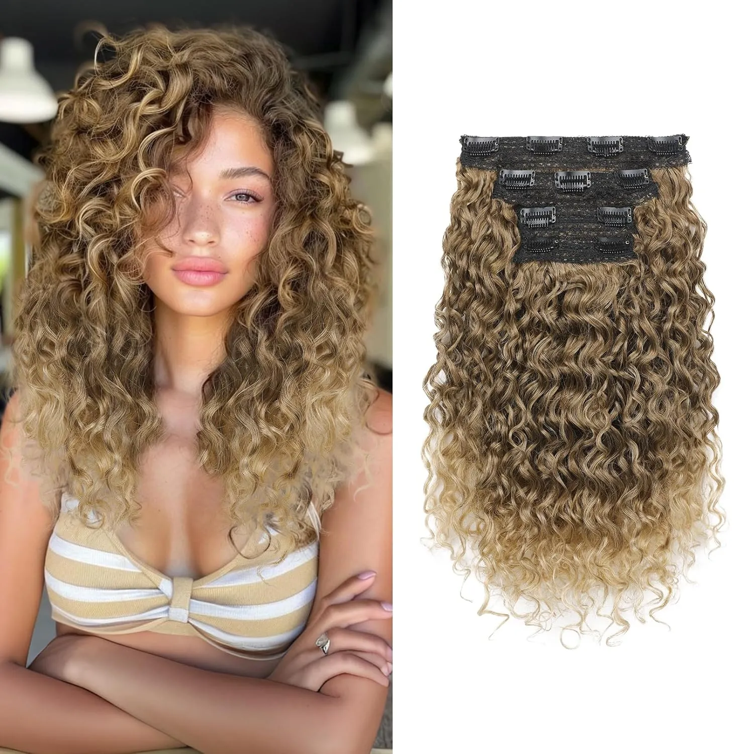 FLUFYMOOZ 4PC Clip in Hair Extensions, 14 Inch 100％ Pure Protein Silk Short Hairpiece Deep Curly Wavy Hair Extensions Clip in Natural Soft Hairpiece for Women-Dark Blonde to Light Brown
