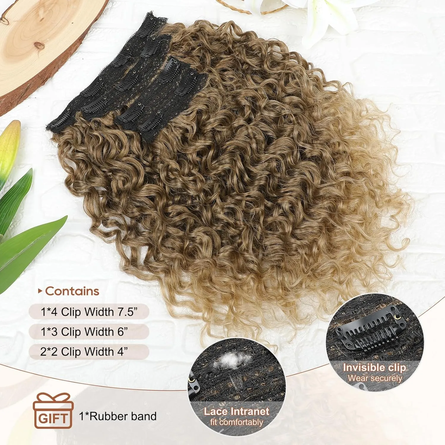FLUFYMOOZ 4PC Clip in Hair Extensions, 14 Inch 100％ Pure Protein Silk Short Hairpiece Deep Curly Wavy Hair Extensions Clip in Natural Soft Hairpiece for Women-Dark Blonde to Light Brown