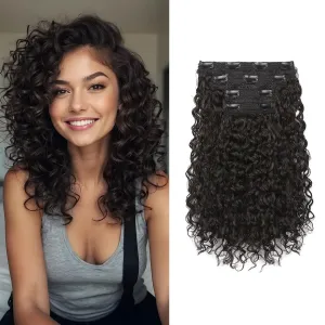 FLUFYMOOZ 4PC Clip in Hair Extensions, 14 Inch 100％ Pure Protein Silk Short Hairpiece Deep Curly Wavy Hair Extensions Clip in Natural Soft Hairpiece for Women-Dark Chocolate Brown