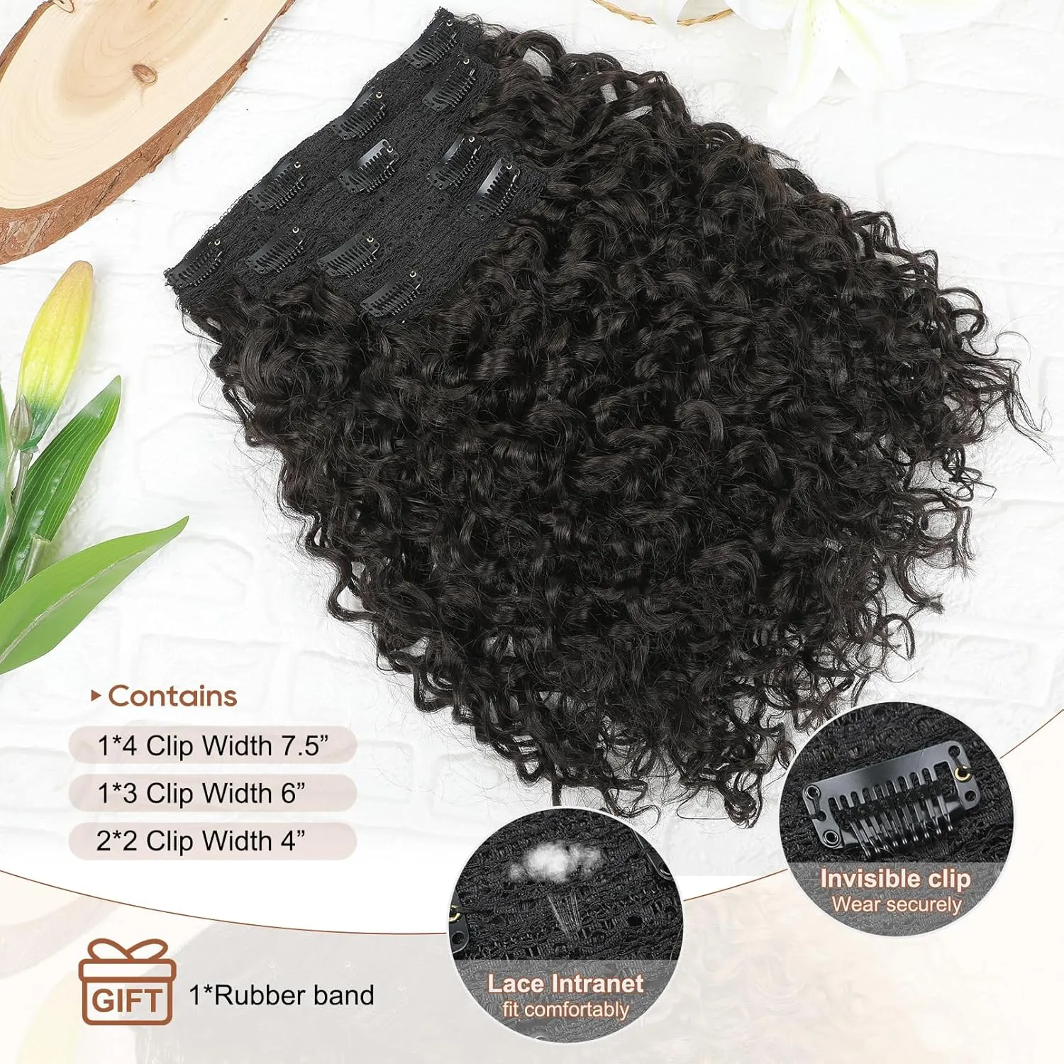 FLUFYMOOZ 4PC Clip in Hair Extensions, 14 Inch 100％ Pure Protein Silk Short Hairpiece Deep Curly Wavy Hair Extensions Clip in Natural Soft Hairpiece for Women-Dark Chocolate Brown