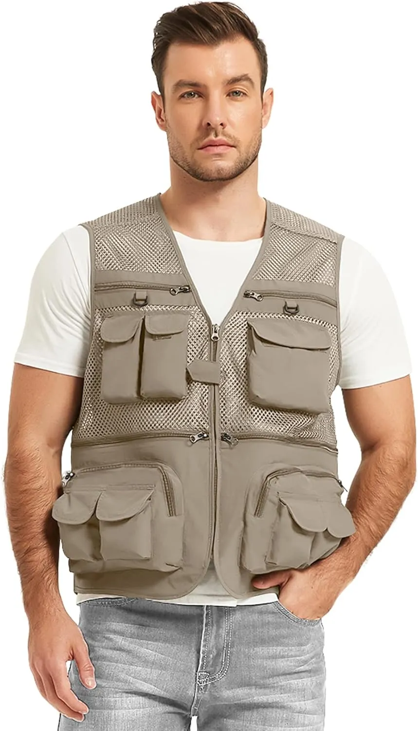 Flygo Mens Summer Outdoor Work Safari Fishing Travel Photo Vest with Pockets