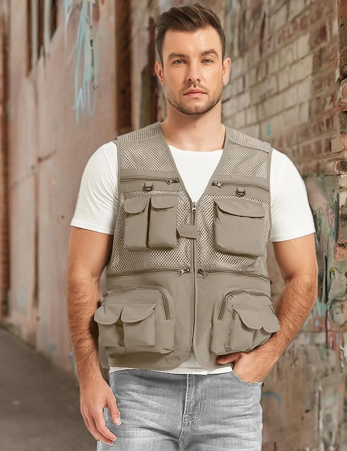 Flygo Mens Summer Outdoor Work Safari Fishing Travel Photo Vest with Pockets