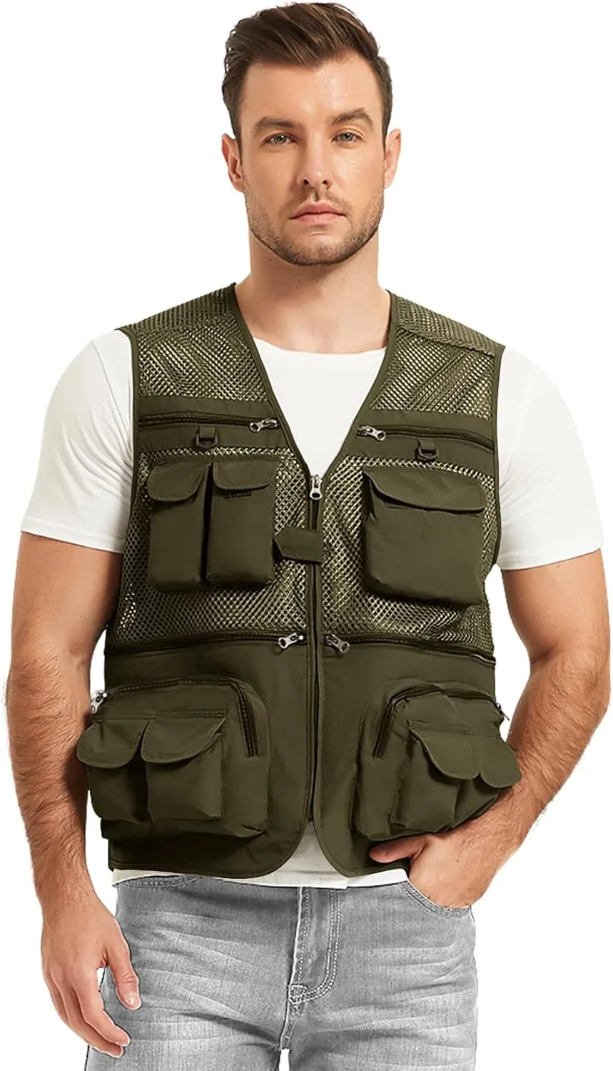 Flygo Mens Summer Outdoor Work Safari Fishing Travel Photo Vest with Pockets