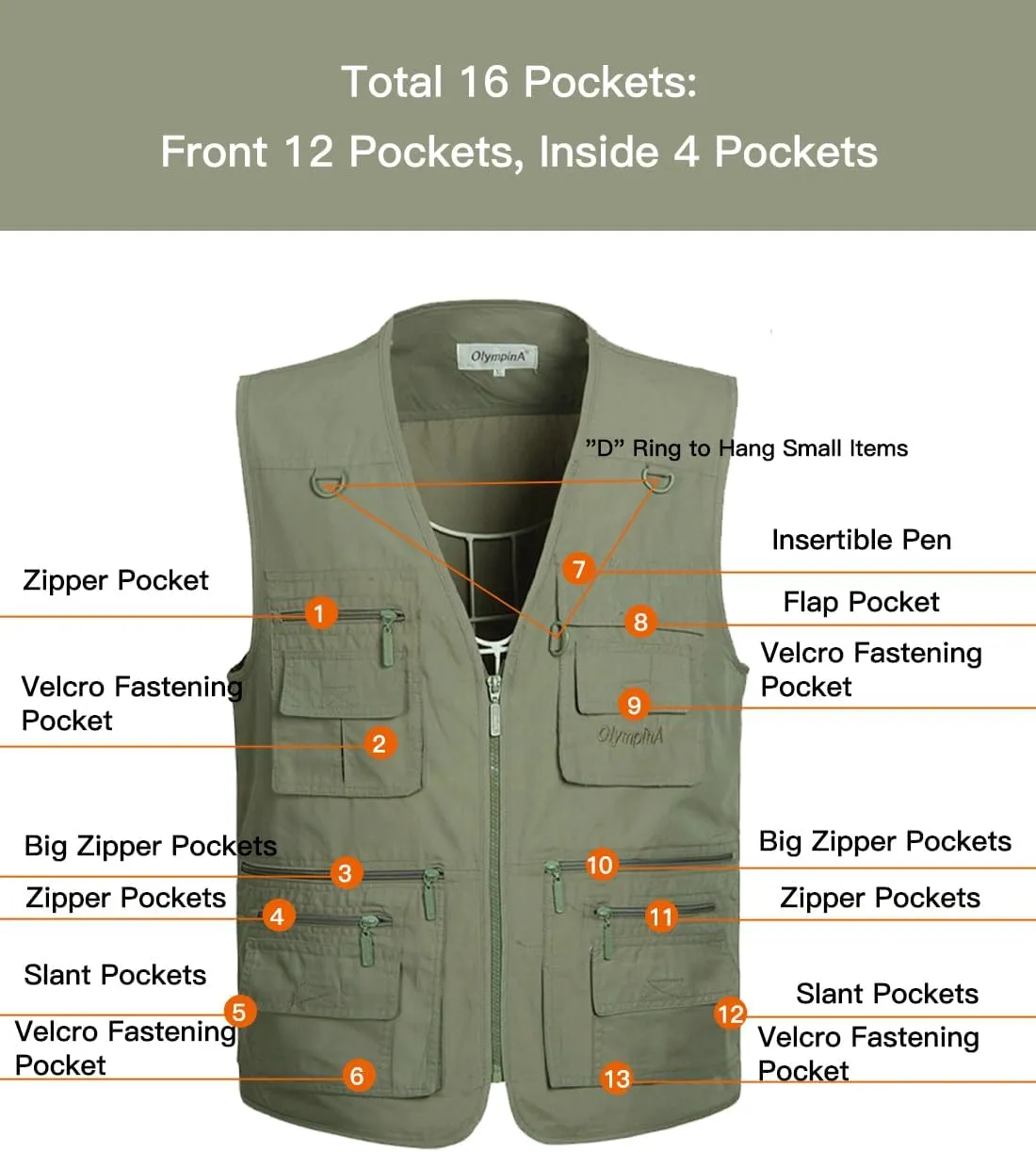 Flygo Mens Summer Outdoor Work Safari Fishing Travel Photo Vest with Pockets