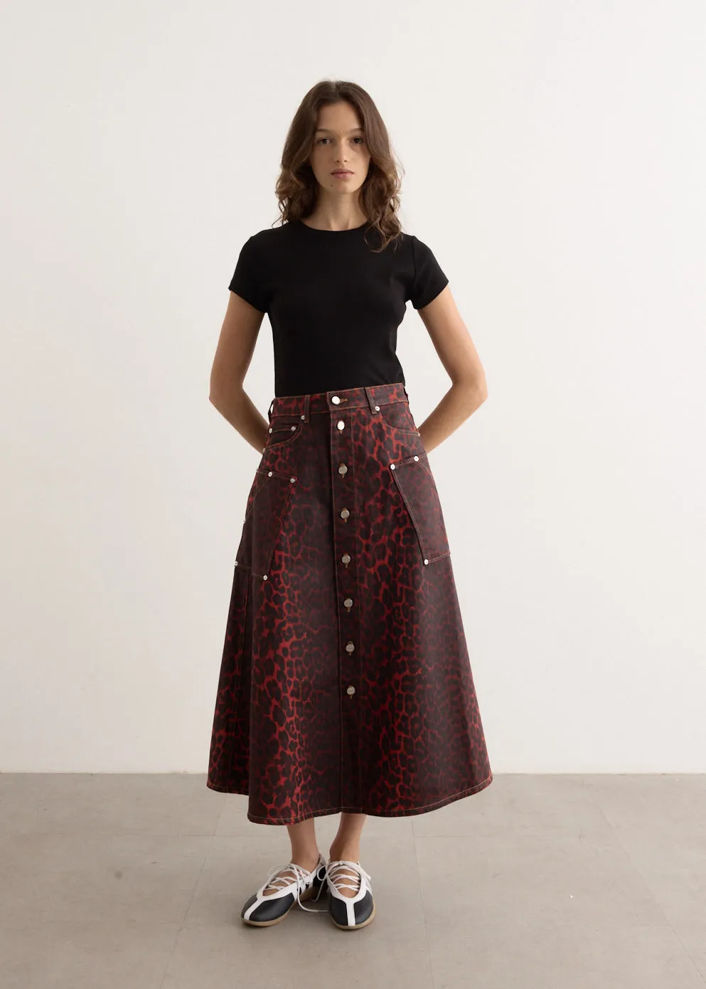 Foil Denim Midi Skirt