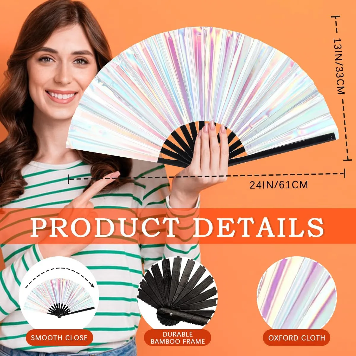 Folding Fan UV Glow Rave Bamboo Summer Hand Fan Laser Silver Decoration Dancing Party Wedding Night Club Concert Festival Large (Multicoloured-18, M)