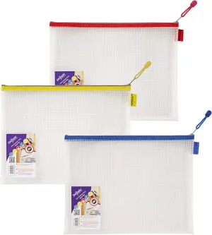 Foolscap Heavy Duty EVA Mesh Zippa-Bag [Pack of 3] 360 x 275mm – Transparent/Assorted [15819]