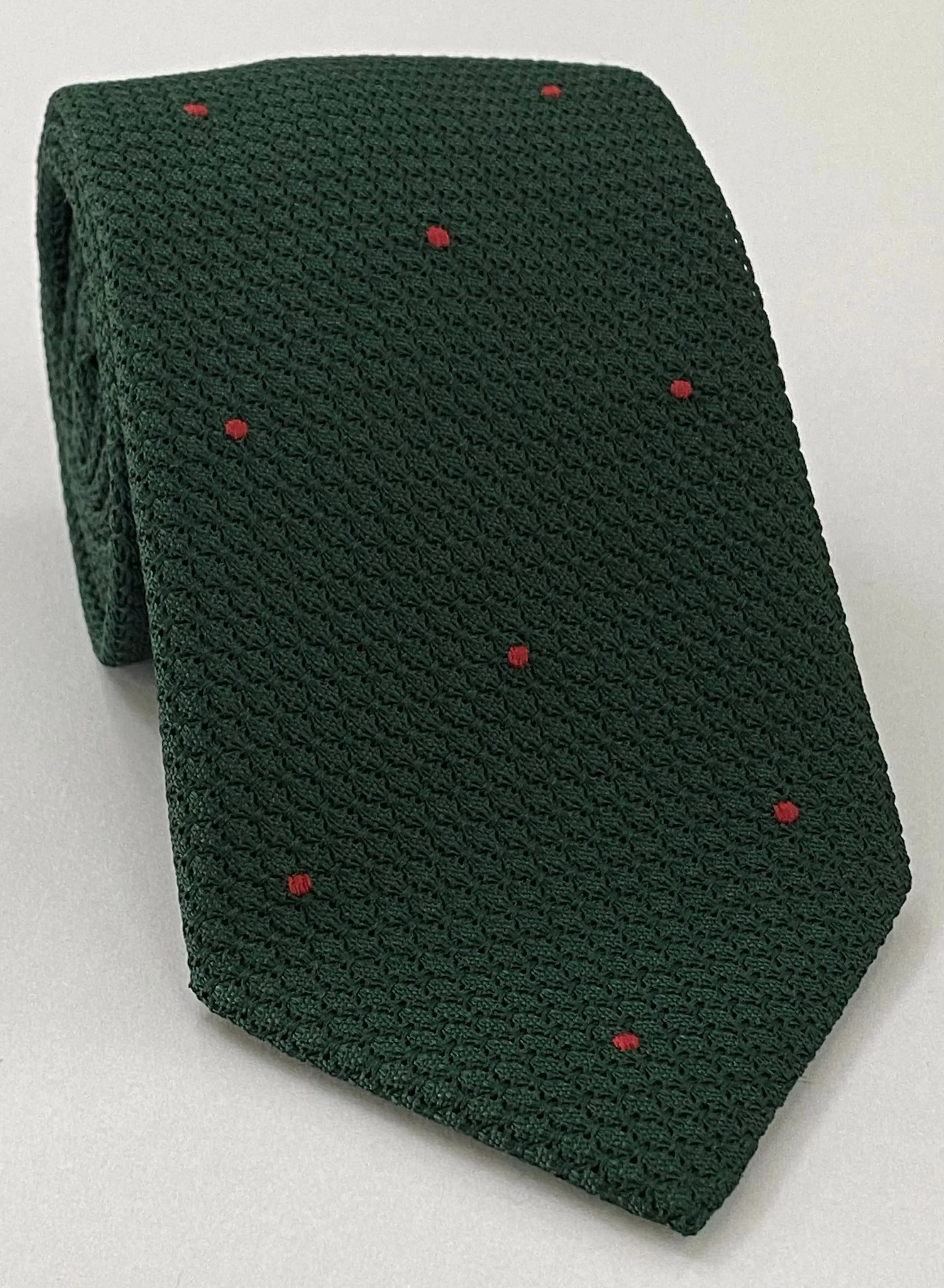 Forest Green Grenadine Grossa with Red (Hand Sewn) Pin Dots Silk Tie #GGDT-16 (8)