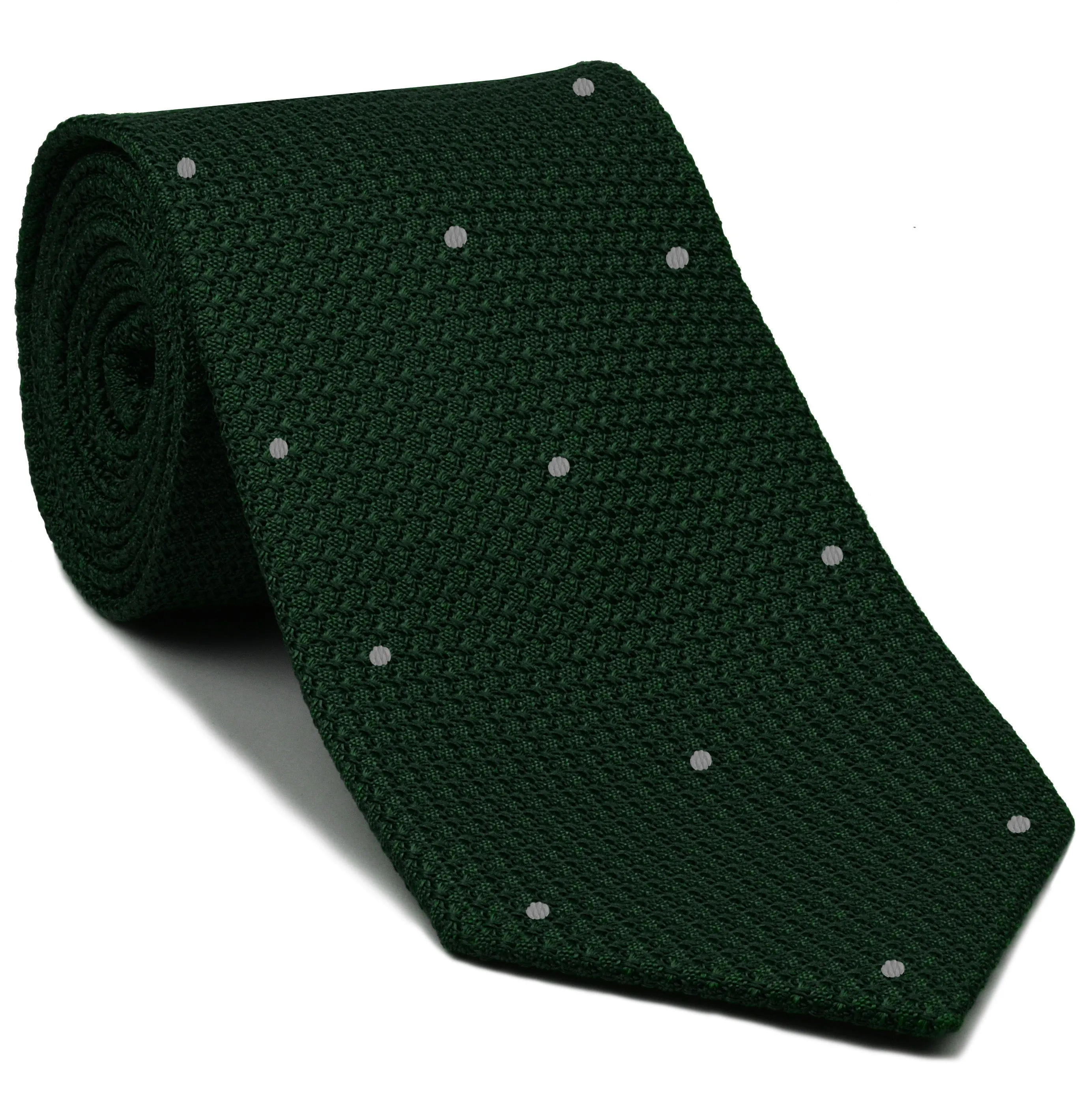 Forest Green Grenadine Grossa with Silver (Hand Sewn) Pin Dots Silk Tie #GGDT-16 (2)