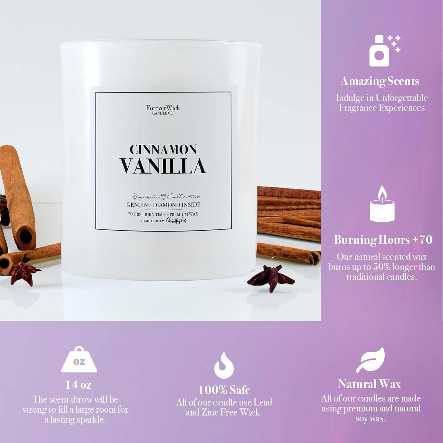 Foreverwick Cinnamon Vanilla Candle | Diamond Candle | Scented Jar Candle | Strong Scented Candles for Decor | 14 oz & 70 Hrs Burning Time