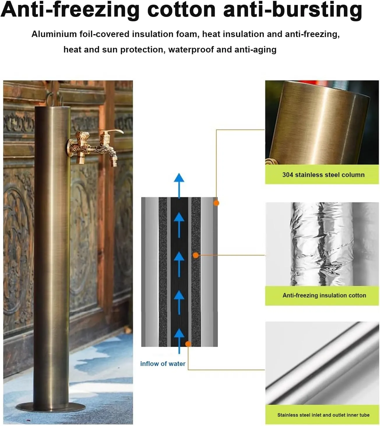 Freestanding Vertical Garden Water Column,304 Stainless Steel Cylindrical Faucet,7.5 Metre Hose and Anti-Freeze Bag,Outdoor Antifreeze Faucet Water Dispenser Hydrant Floo（Ground Water-86X13cm）