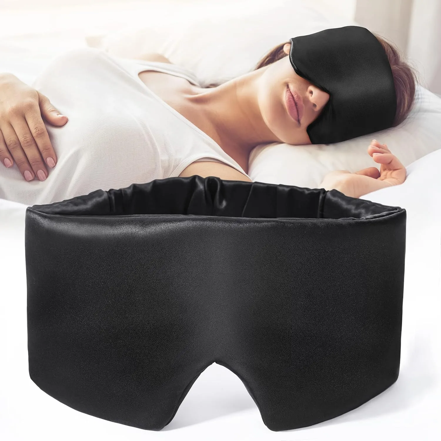 FRESHME 100% Blackout Black Luxury Mulberry Silk Sleep Mask Comfortable Soft Eye Shade Cover with Elastic Strap, Eye Mask Blindfold for Travel Nap Yoga, Eye Blinder for Works Airplane Travel Nap Yoga…