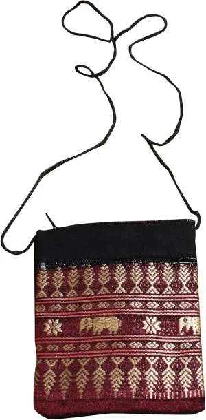 Full Funk Mid Size Thai Silk Shoulder Pouch Bag, 4x5.5inch, Cordovan Brown