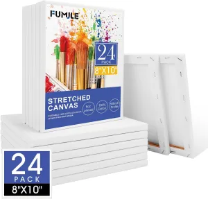 FUMILE Stretched Canvas for Painting, 24 Pack 8x10 Inch Canvases for Painting-5/8 in Profile Primed White Blank Painting Canvas Value Pack for Oil & Acrylic Paint