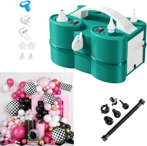 FunHot Electric Balloon Pump with Balloons Set, Portable Dual Nozzle Air Pump for Balloons,Green White 3-in-1 Balloons Blower Machine with Race Car Balloon Arch for Birthday Party Decoration