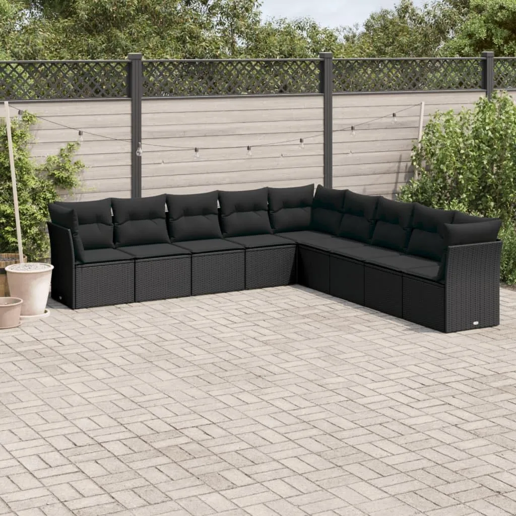 Garden Sofa Set Black PE Rattan, Powder-Coated Steel, Polyester75KG
