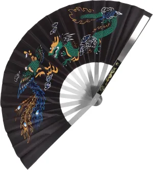 GARVALON Folding Handheld Fan Chinese Dragon Phoenix Peony Pattern Traditional Decor Fan for Performance