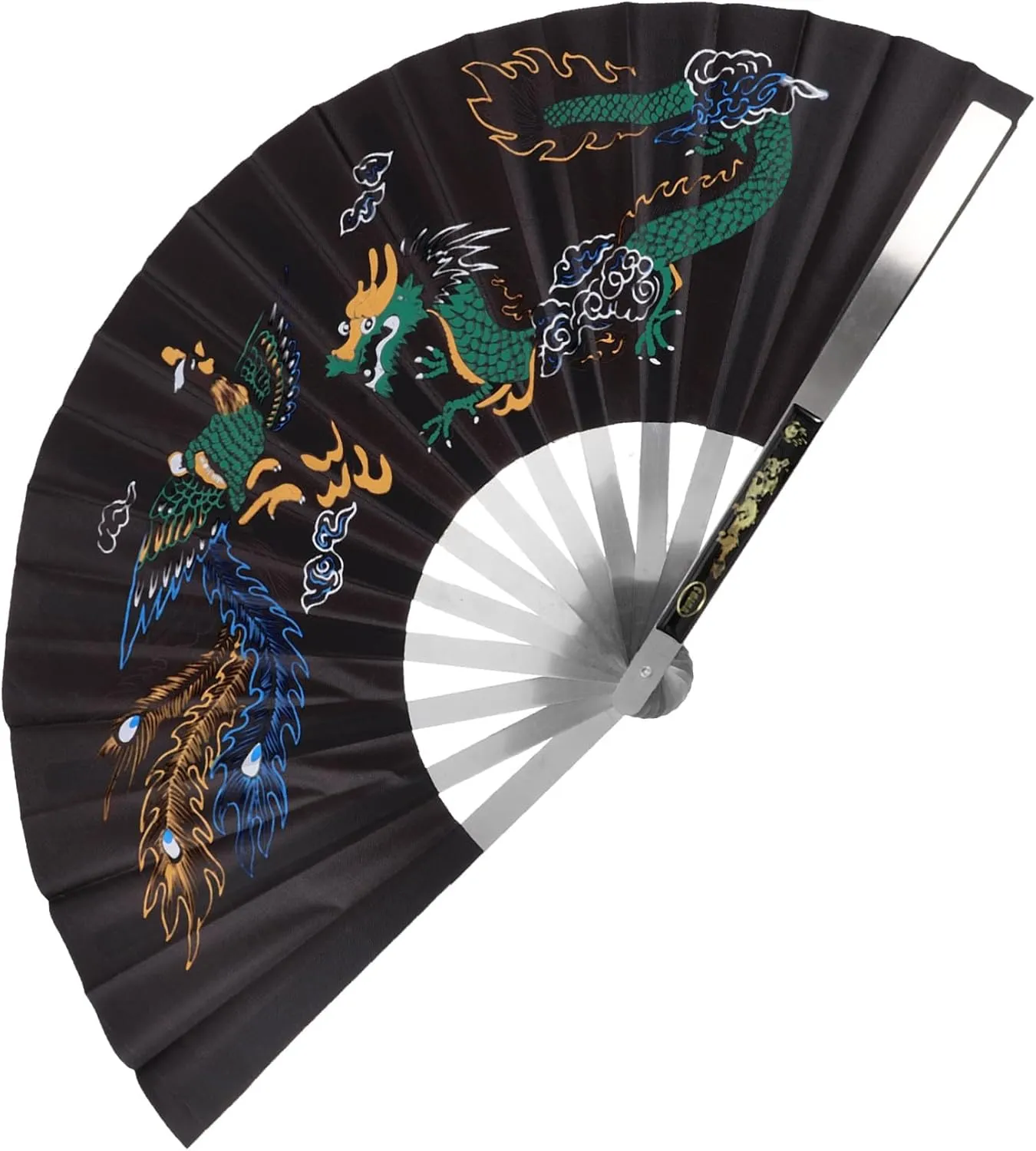 GARVALON Folding Handheld Fan Chinese Dragon Phoenix Peony Pattern Traditional Decor Fan for Performance