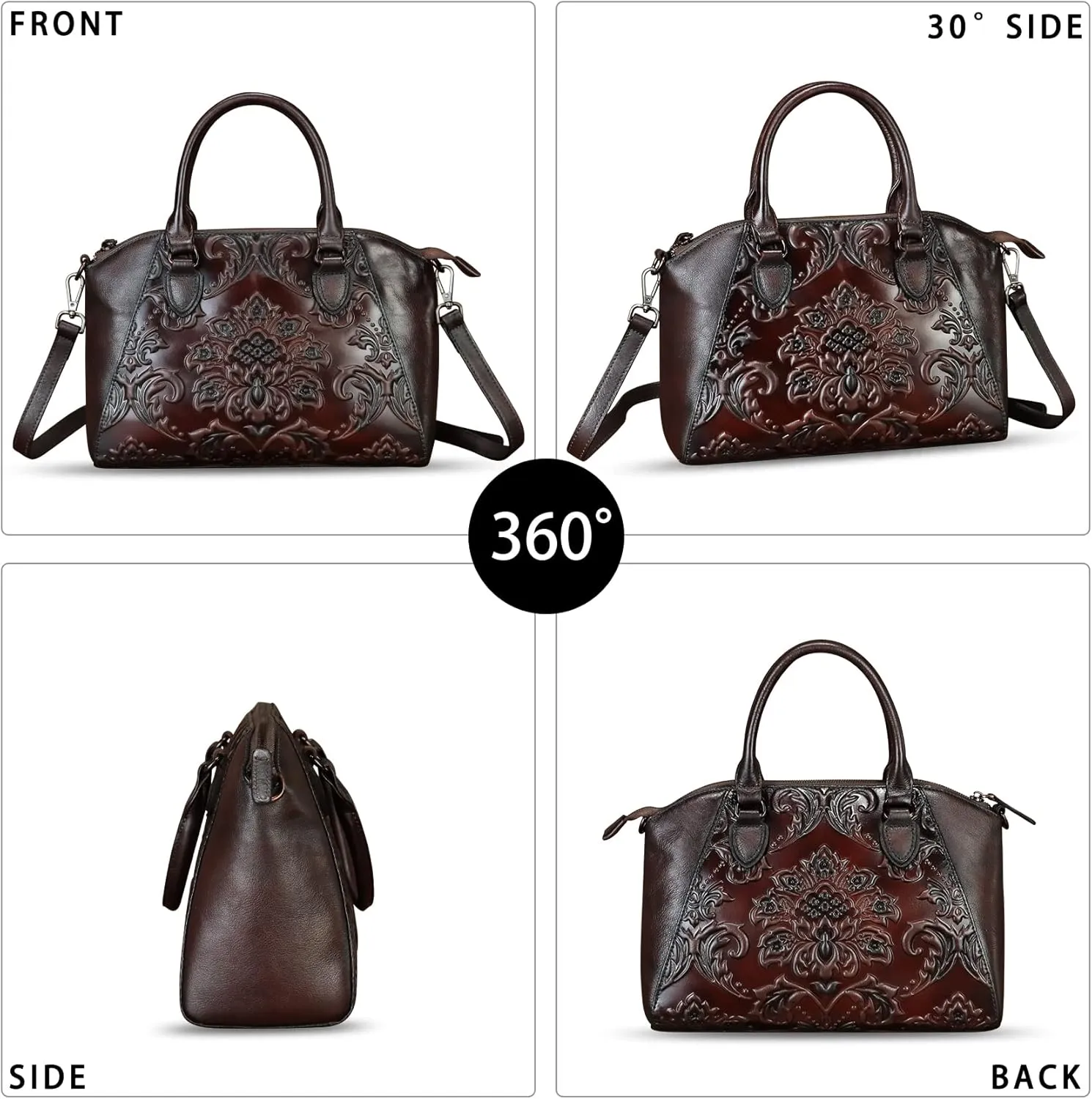 Genuine Leather Purses and Handbags for Women Vintage Embossed Leather Satchel Bags Crossbody Shoulder Bag Strap