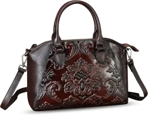 Genuine Leather Purses and Handbags for Women Vintage Embossed Leather Satchel Bags Crossbody Shoulder Bag Strap