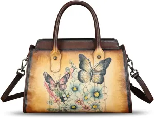 Genuine Leather Satchel for Women Hand Painted Handbag Purse Top Handle Bags Handmade Purse Crossbody Tote Bag