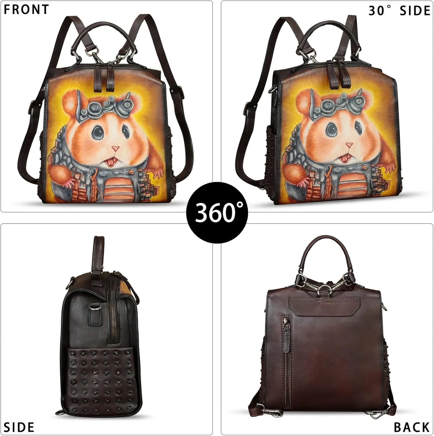 Genuine Leather Satchel for Women Hand Painted Purse Crossbody Handbag Top Handle Bags Handmade Convertible Backpack