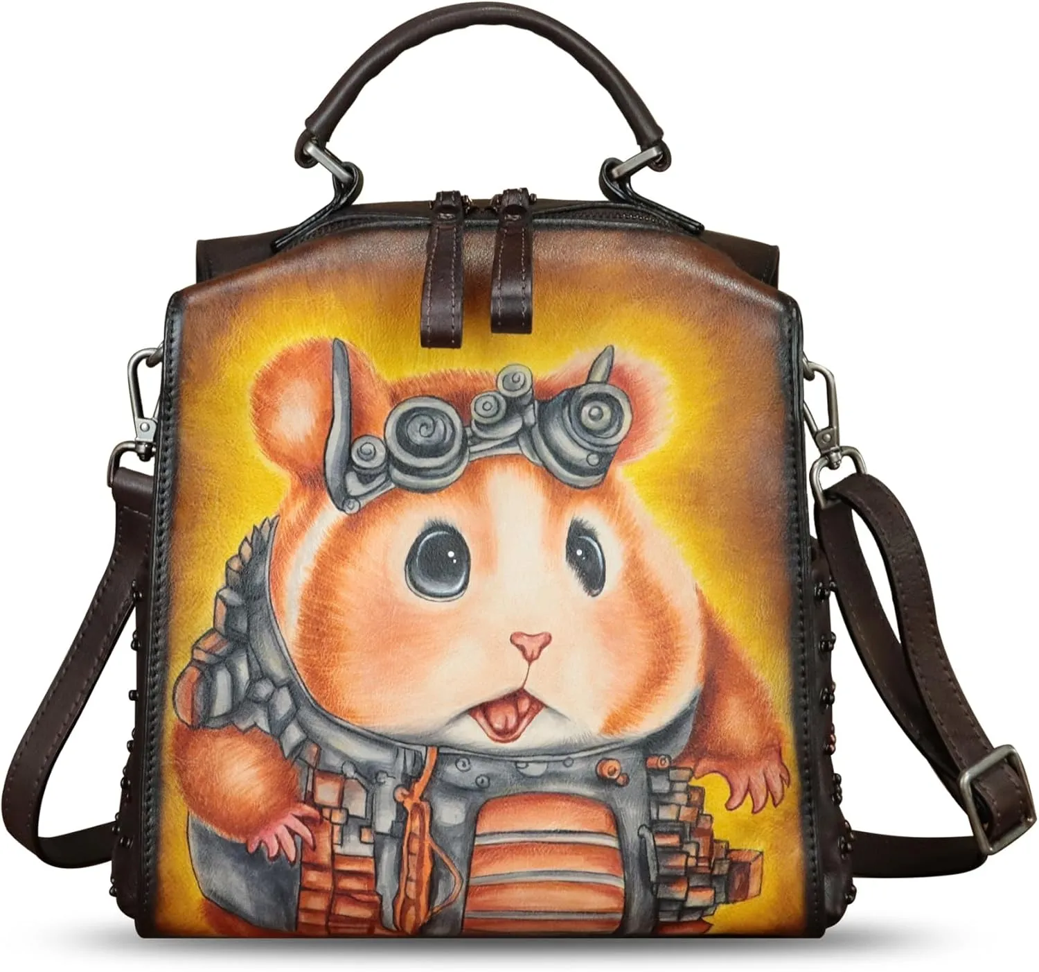 Genuine Leather Satchel for Women Hand Painted Purse Crossbody Handbag Top Handle Bags Handmade Convertible Backpack