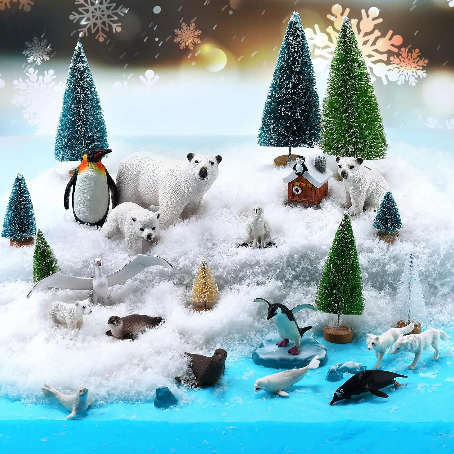 Gerrii 34 Pcs Arctic Animals Figurines Set Diorama Kit 15 Polar Animals Figurines 9 Pine Trees 4 Icebergs 1 Igloo 1 Fake Snow Blanket 4 Blue Tissue Paper Realistic Ocean Sea Miniature Projects Gift
