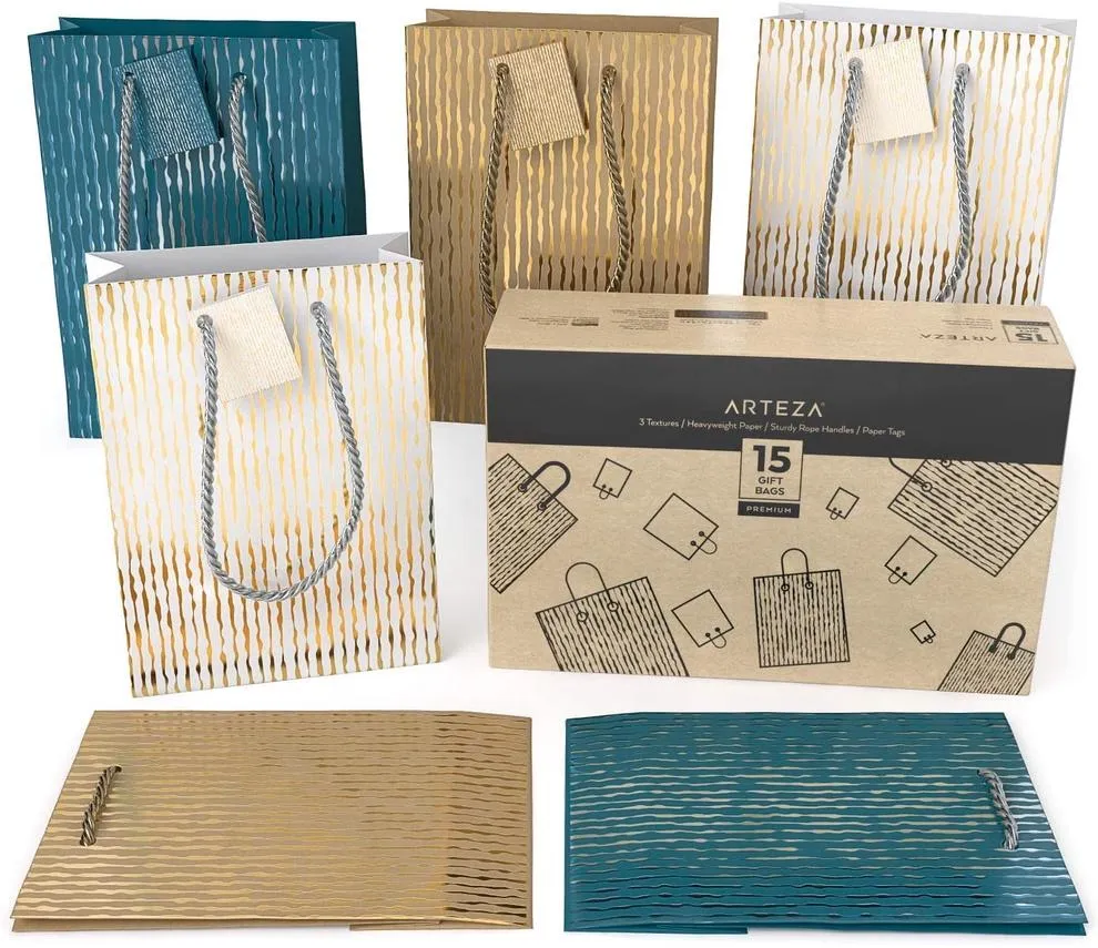 Gift Bags in Blue, White & Kraft with Textured Stripes - Set of 15