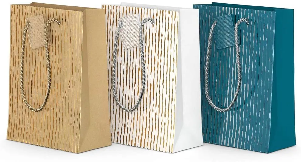 Gift Bags in Blue, White & Kraft with Textured Stripes - Set of 15