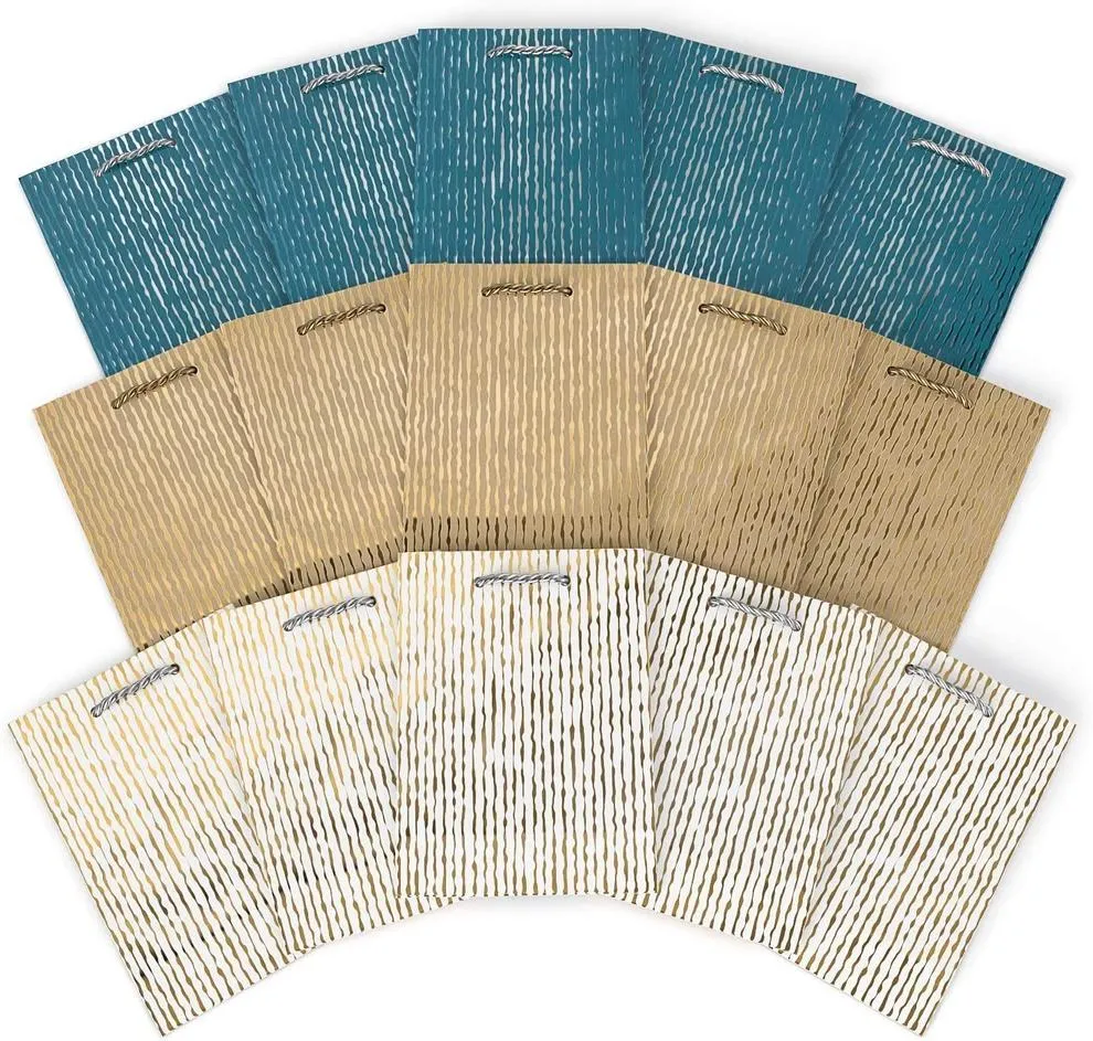Gift Bags in Blue, White & Kraft with Textured Stripes - Set of 15