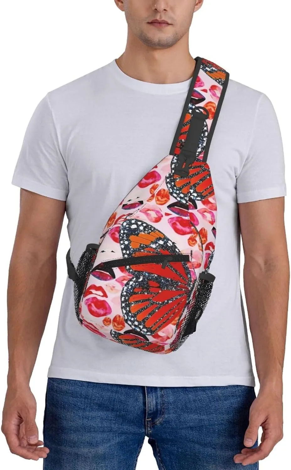 Glitter Butterfly Lips Collage Chest Sling Bag Crossbody Shoulder Backpack Bag Gym Cycling Daypack Travel Hiking Cross Bag