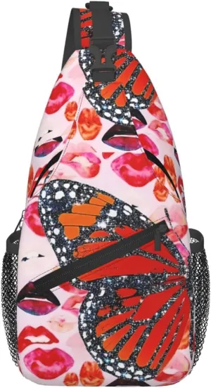 Glitter Butterfly Lips Collage Chest Sling Bag Crossbody Shoulder Backpack Bag Gym Cycling Daypack Travel Hiking Cross Bag