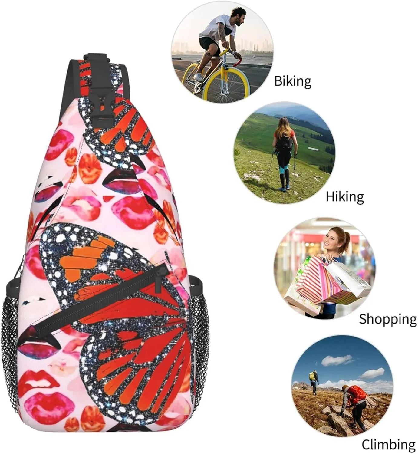 Glitter Butterfly Lips Collage Chest Sling Bag Crossbody Shoulder Backpack Bag Gym Cycling Daypack Travel Hiking Cross Bag