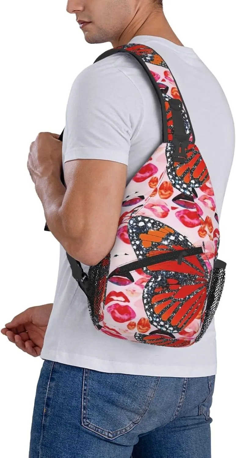 Glitter Butterfly Lips Collage Chest Sling Bag Crossbody Shoulder Backpack Bag Gym Cycling Daypack Travel Hiking Cross Bag
