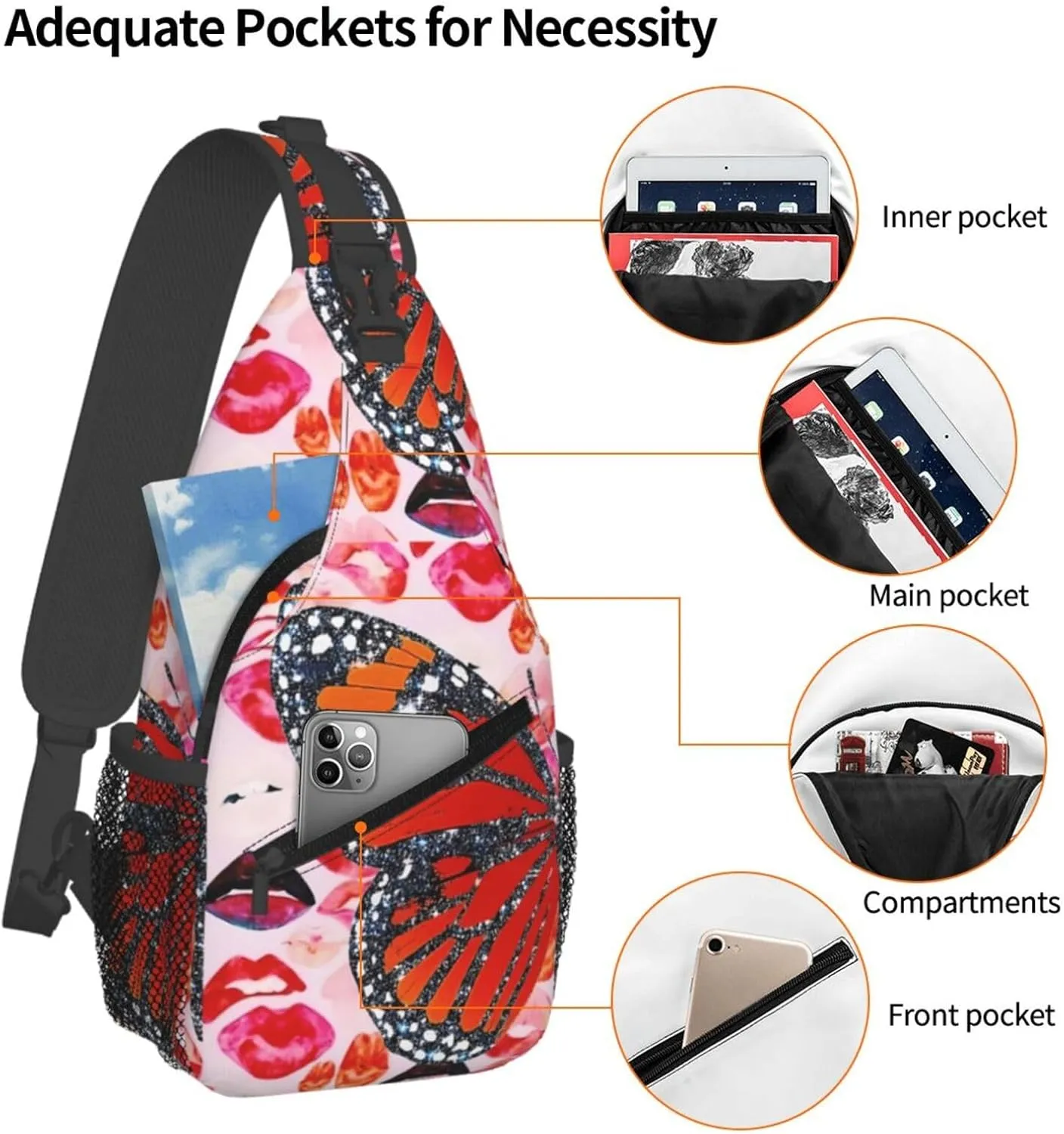 Glitter Butterfly Lips Collage Chest Sling Bag Crossbody Shoulder Backpack Bag Gym Cycling Daypack Travel Hiking Cross Bag