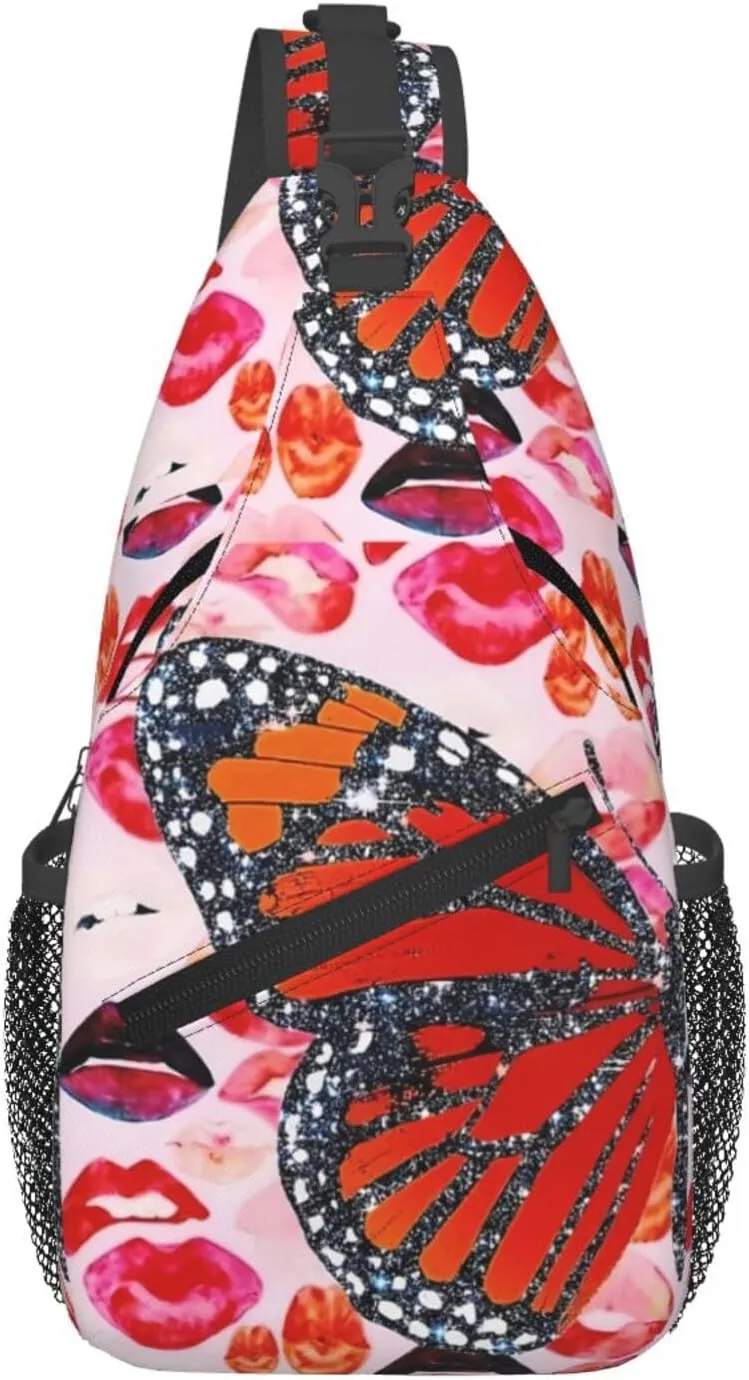 Glitter Butterfly Lips Collage Chest Sling Bag Crossbody Shoulder Backpack Bag Gym Cycling Daypack Travel Hiking Cross Bag