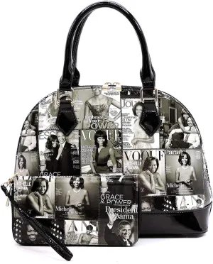 Glossy magazine cover collage dome satchel bag purses bowling bag Michelle Obama bags with wallet set 2 in 1 (GY/BK)