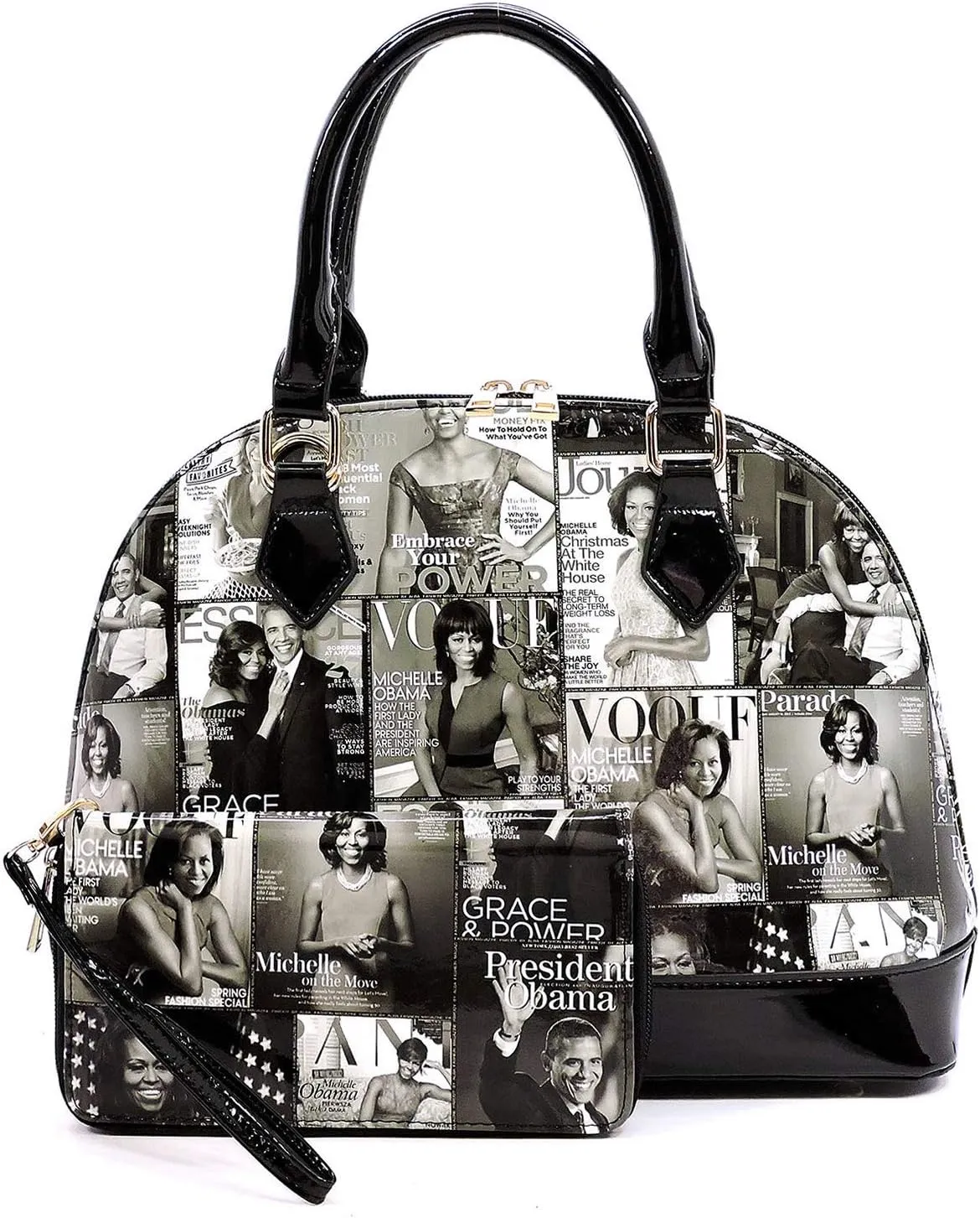 Glossy magazine cover collage dome satchel bag purses bowling bag Michelle Obama bags with wallet set 2 in 1 (GY/BK)