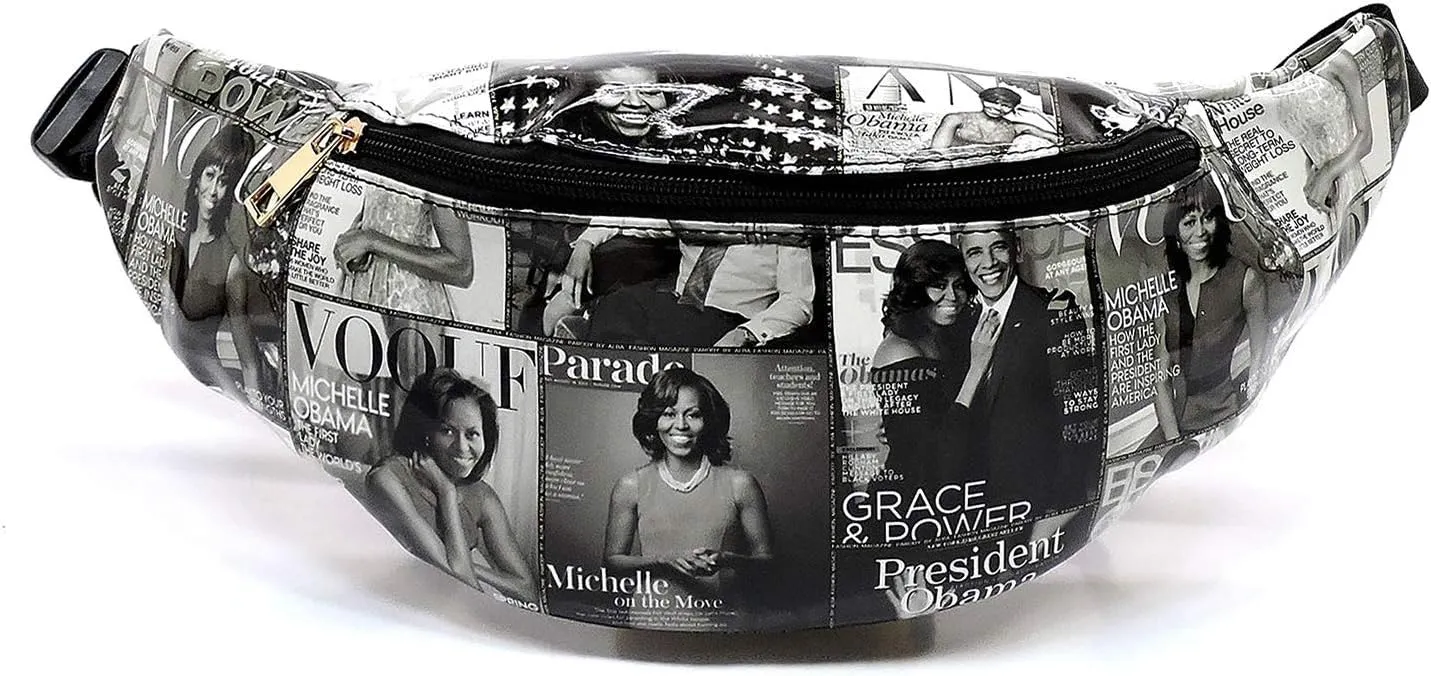 Glossy magazine cover collage waist bags purses packs Michelle Obama bags (Grey/Bk)