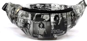 Glossy magazine cover collage waist bags purses packs Michelle Obama bags (Grey/Bk)
