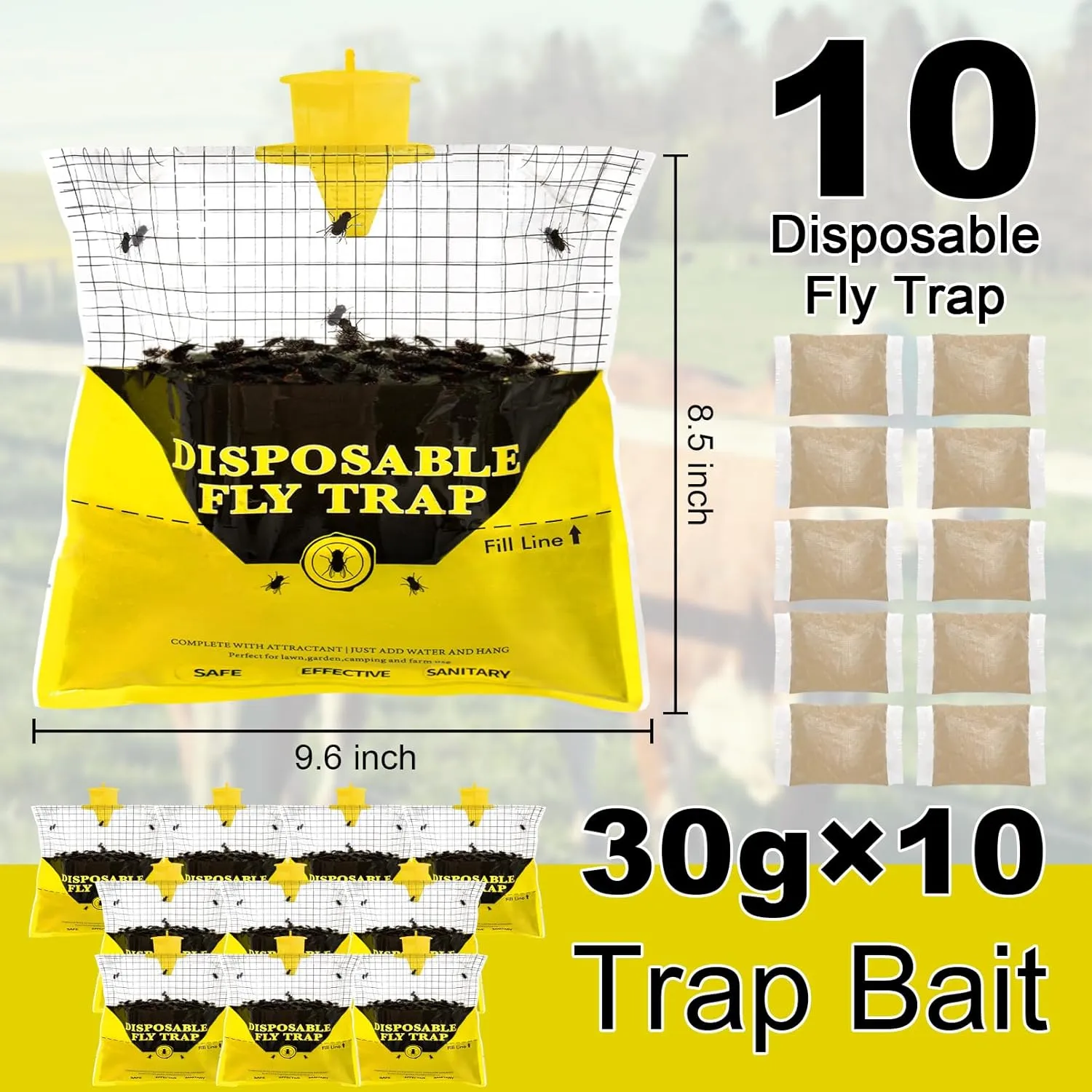 Glovv Fly Traps Outdoor Hanging with Bait, 10 Pack Disposable Flies Bags Hunter Ranch Trap, Control Bug Catcher Killer Repellent for Stable Horse Barn & Farm