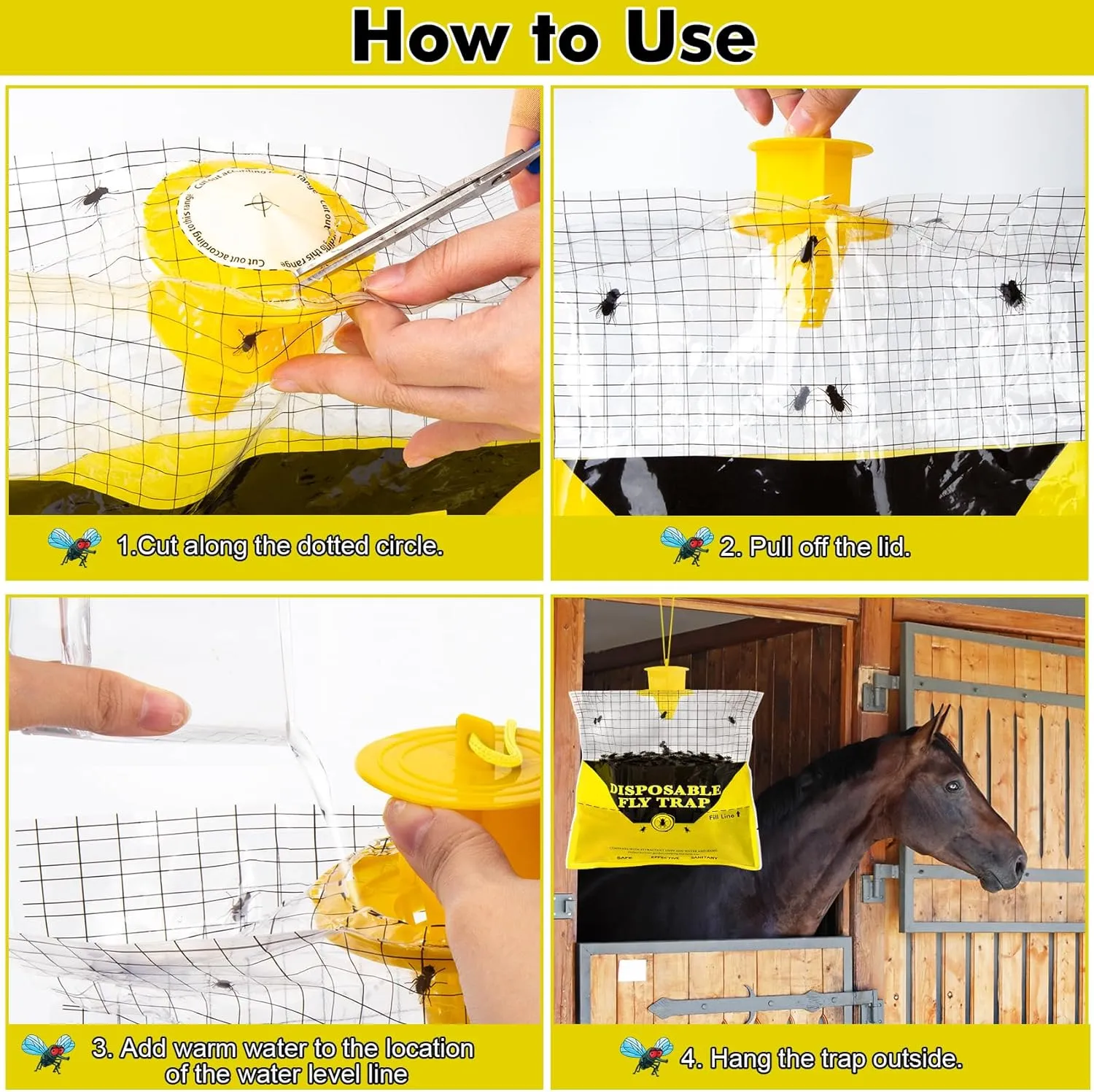 Glovv Fly Traps Outdoor Hanging with Bait, 12 Pack Disposable Flies Bags Hunter Ranch Trap, Control Bug Catcher Killer Repellent for Stable Horse Barn & Farm