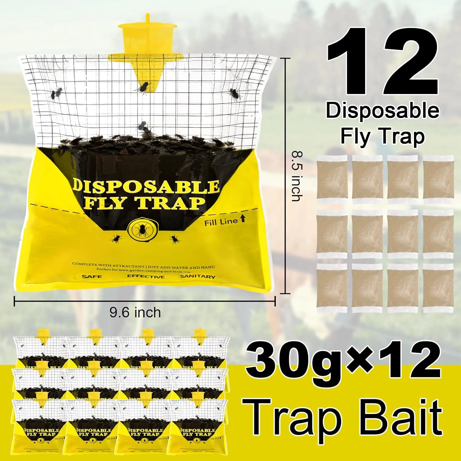 Glovv Fly Traps Outdoor Hanging with Bait, 12 Pack Disposable Flies Bags Hunter Ranch Trap, Control Bug Catcher Killer Repellent for Stable Horse Barn & Farm