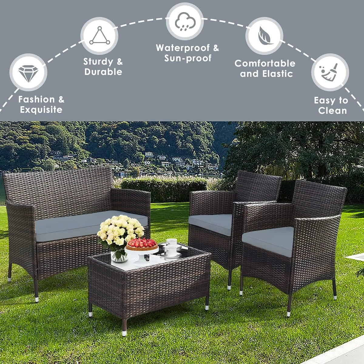Goplus 4-Piece Rattan Patio Set, Outdoor/Indoor Wicker Conversation Set for Pool, Backyard, Lawn, Wicker Chairs and Sofa with Soft Cushion, Rattan Furniture with Tempered Glass Coffee Table