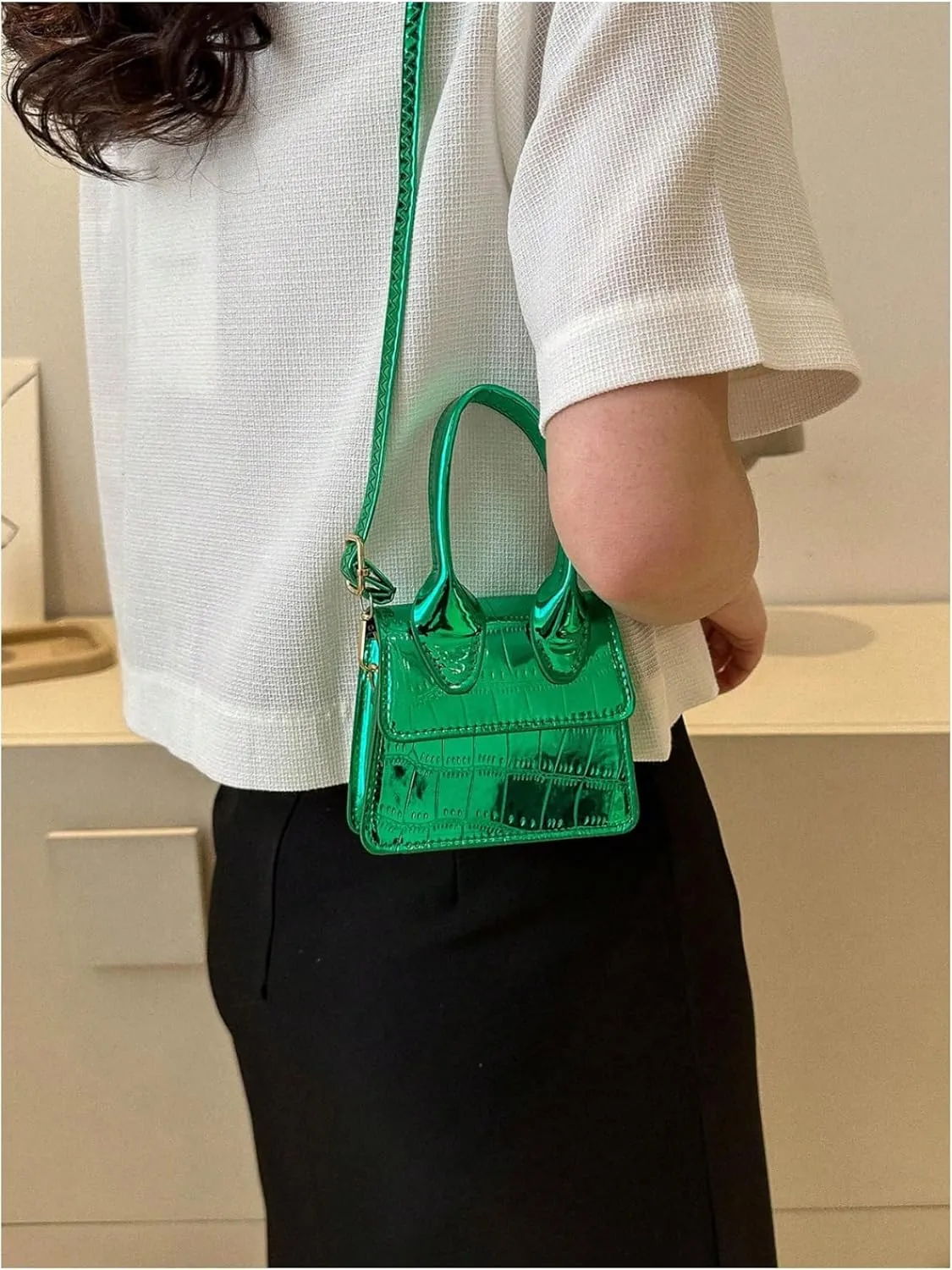 GORGLITTER Women's Crocodile Embossed Mini Square Bag Metallic Top Handle Crossbody Handbag Flap Clutch Bags